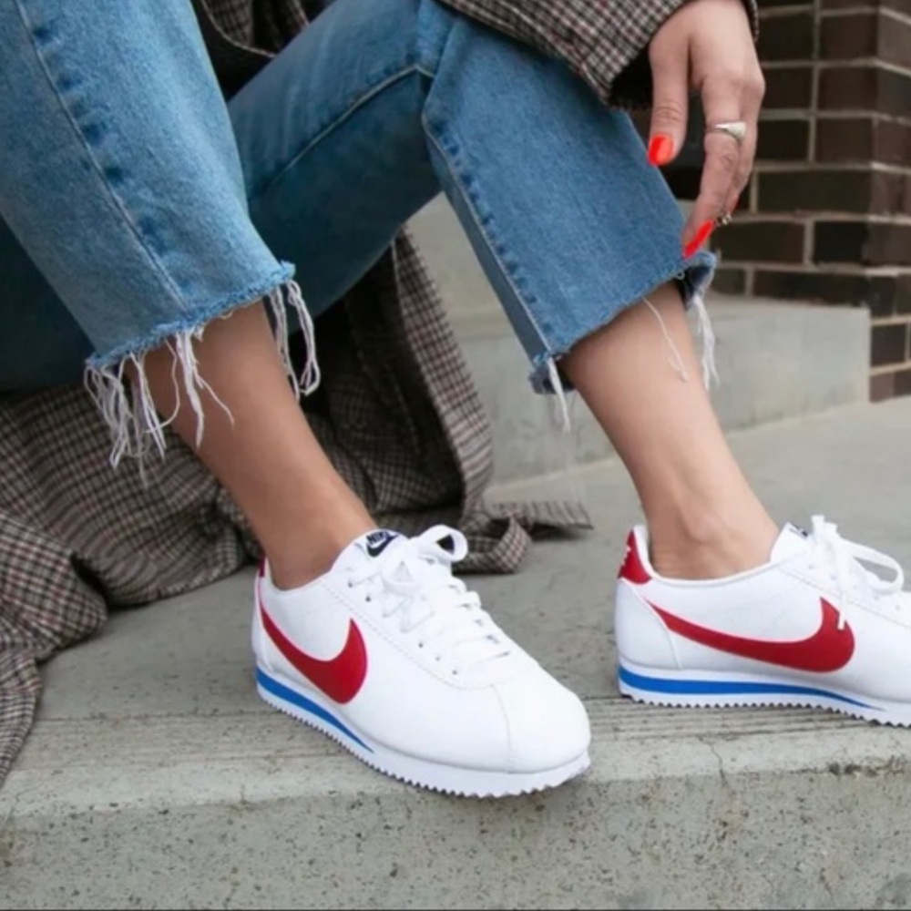 Nike Cortez White Sneakers with Red and Blue Accents